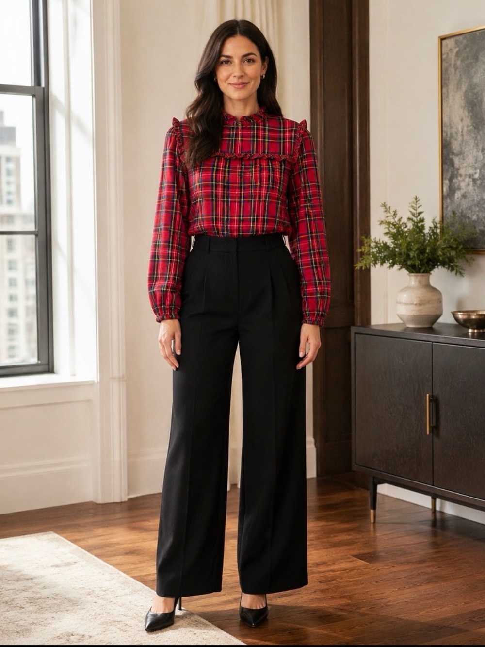 J.Crew Tartan Plaid Ruffle Neck Blouse Size Medium Holiday
